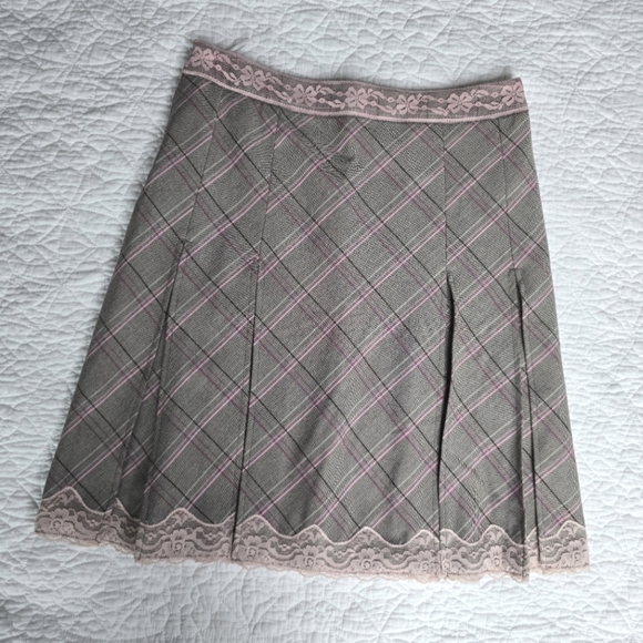 Etam Pink And Grey A-Line Plaid Lace Trim Pleated Knee Length Skirt - Picture 1 of 11